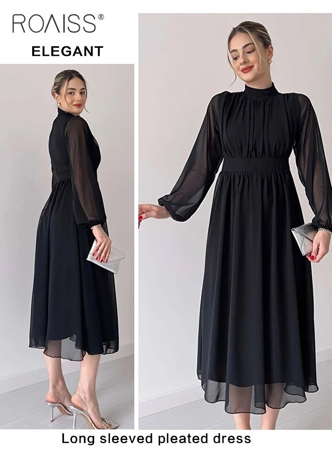 رويس فستان شيفون أنيق للنساء، تصميم عصري متعدد الاستخدامات، بياقة واقفة وأكمام واسعة وخصر عالٍ، مثالي للمناسبات والحفلات، يجمع بين الرقي والأناقة في قطعة واحدة، باللون الأسود. - Image 2